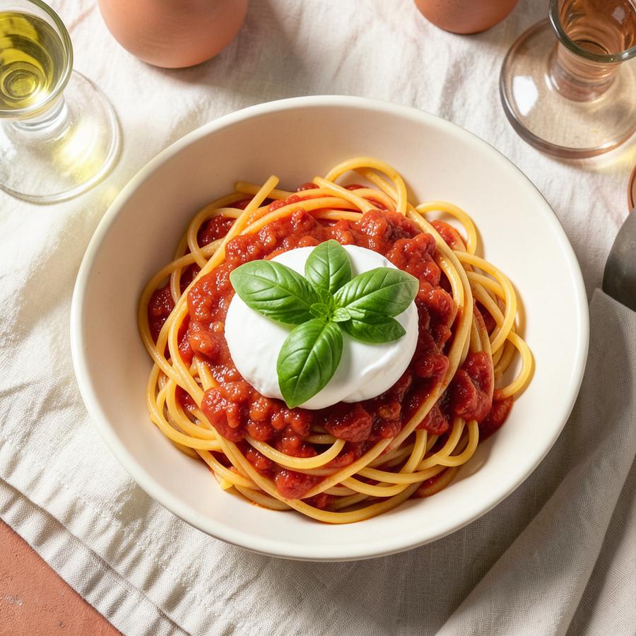 Spaghetti z pomidorami San Marzano i burratą